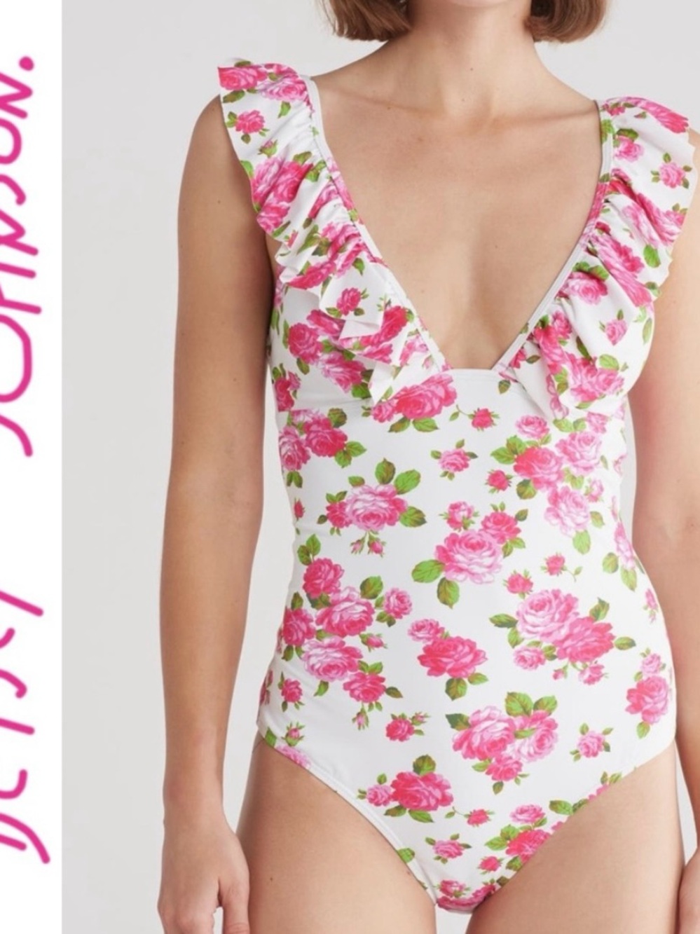 Betsey Johnson White & Pink Floral Ruffle V-Neck One-Piece